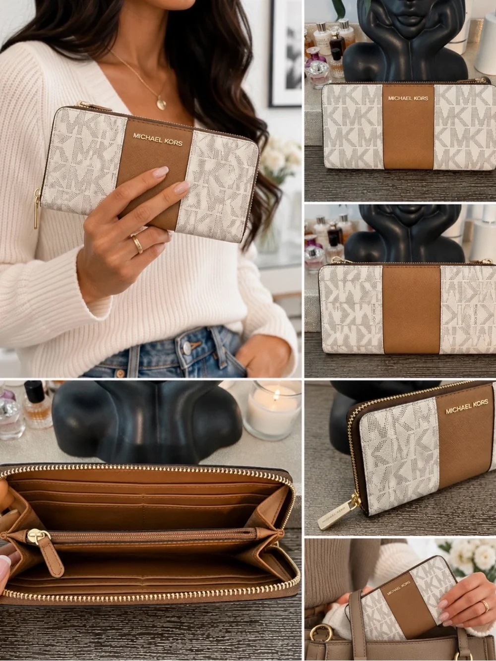 Michael Kors Cream & Brown Logo Zip-Around Wallet - Picture 1 of 4